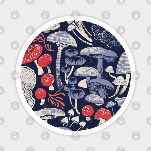 Mystical fungi // midnight blue background ivory pale blue coral and red wild mushrooms Magnet by SelmaCardoso